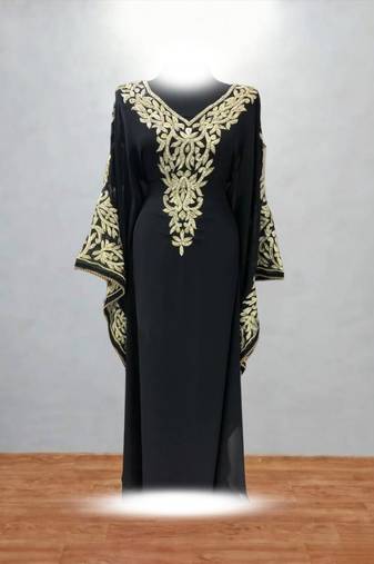 Designer Black Embroidered Kaftan Dress | Luxury Zari Work Party Wear Gown for Women | Dubai Style Ethnic Outfit