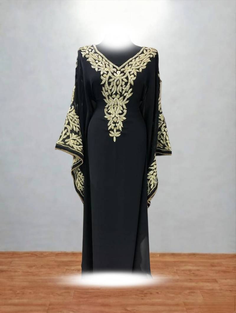 Designer Black Embroidered Kaftan Dress | Luxury Zari Work Party Wear Gown for Women | Dubai Style Ethnic Outfit