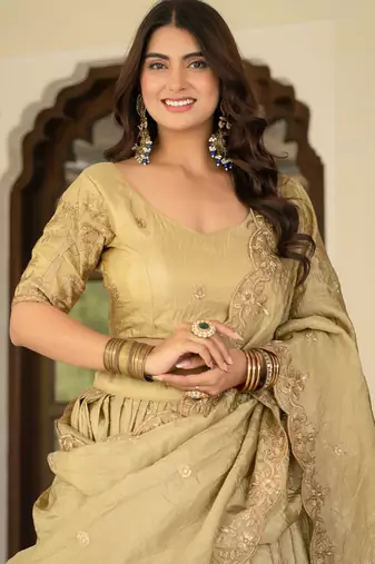 Cream Zari Sequence Embroidery Work Gold Crush Silk Semi Stiched Lehenga Choli