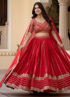 Red Zari Sequence Embroidery Work Rangoli Crush Silk Semi Stiched Lehenga Choli 2