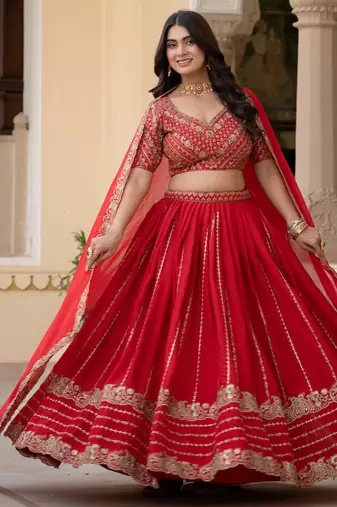Red Zari Sequence Embroidery Work Rangoli Crush Silk Semi Stiched Lehenga Choli