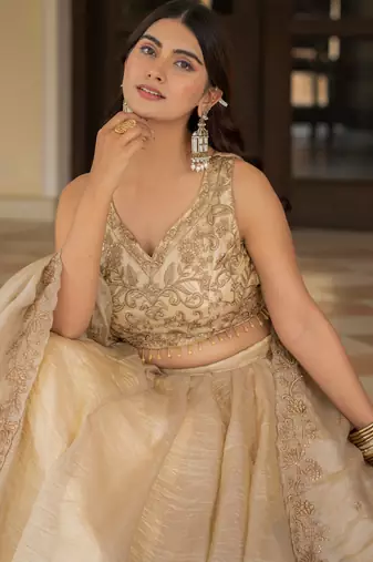 Cream Zari Sequence Embroidery Work Gold Crush Silk Semi Stiched Lehenga Choli