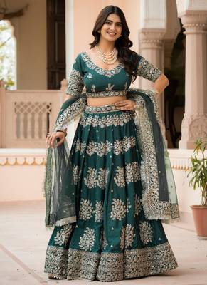 Green Zari Sequence Embroidery Work Santin Silk Semi Stiched Lehenga Choli 3