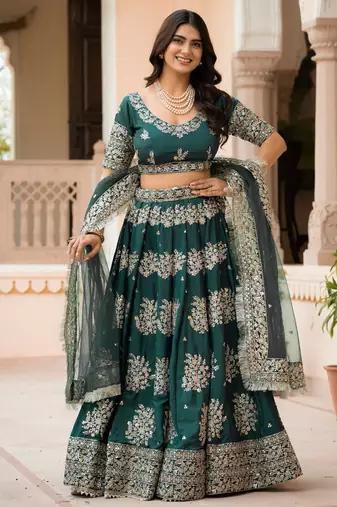 Green Zari Sequence Embroidery Work Santin Silk Semi Stiched Lehenga Choli