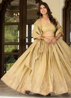 Cream Zari Sequence Embroidery Work Gold Crush Silk Semi Stiched Lehenga Choli 3
