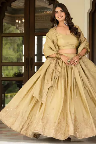 Cream Zari Sequence Embroidery Work Gold Crush Silk Semi Stiched Lehenga Choli