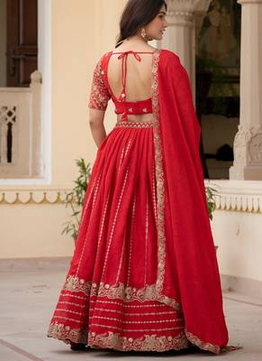 Red Zari Sequence Embroidery Work Rangoli Crush Silk Semi Stiched Lehenga Choli 3
