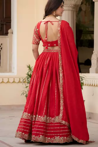 Red Zari Sequence Embroidery Work Rangoli Crush Silk Semi Stiched Lehenga Choli