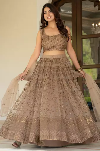 Brown Zari Sequence Embroidery Work Net Semi Stiched Lehenga Choli
