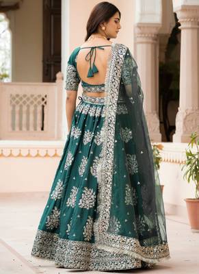 Green Zari Sequence Embroidery Work Santin Silk Semi Stiched Lehenga Choli 4