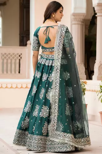 Green Zari Sequence Embroidery Work Santin Silk Semi Stiched Lehenga Choli