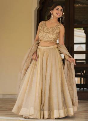 Cream Zari Sequence Embroidery Work Gold Crush Silk Semi Stiched Lehenga Choli 3