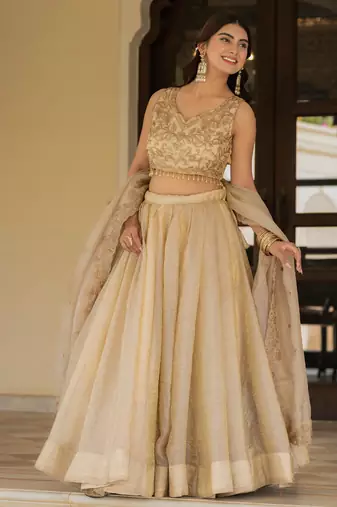 Cream Zari Sequence Embroidery Work Gold Crush Silk Semi Stiched Lehenga Choli