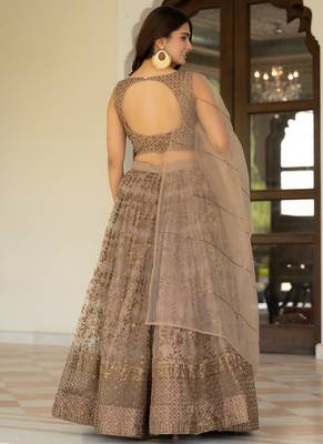 Brown Zari sequin Embroidery Work Net Semi Stiched Lehenga Choli 4