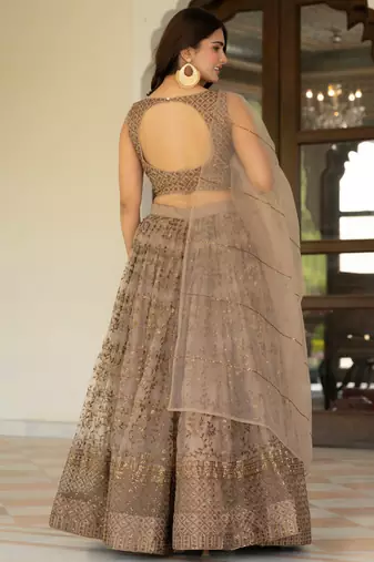 Brown Zari Sequence Embroidery Work Net Semi Stiched Lehenga Choli