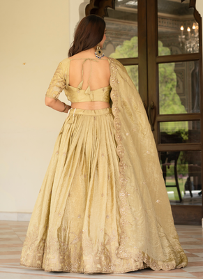 Cream Zari Sequence Embroidery Work Gold Crush Silk Semi Stiched Lehenga Choli 4