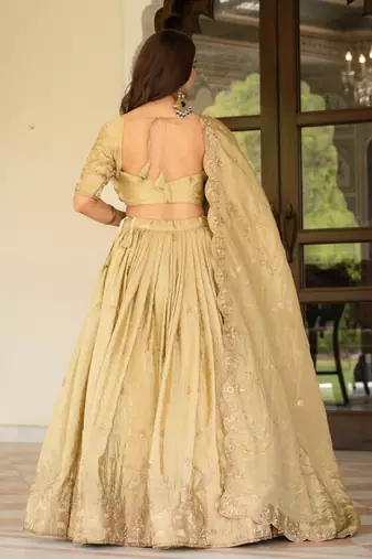 Cream Zari Sequence Embroidery Work Gold Crush Silk Semi Stiched Lehenga Choli