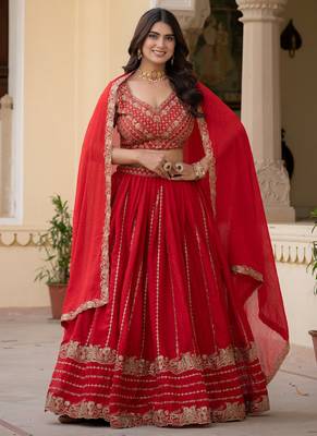 Red Zari Sequence Embroidery Work Rangoli Crush Silk Semi Stiched Lehenga Choli 4