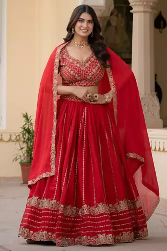 Red Zari Sequence Embroidery Work Rangoli Crush Silk Semi Stiched Lehenga Choli