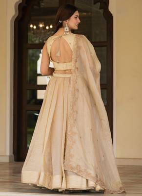Cream Zari Sequence Embroidery Work Gold Crush Silk Semi Stiched Lehenga Choli 4