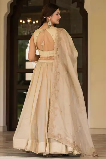Cream Zari Sequence Embroidery Work Gold Crush Silk Semi Stiched Lehenga Choli