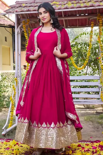 magenta georgette gown set with sequin embroidery work