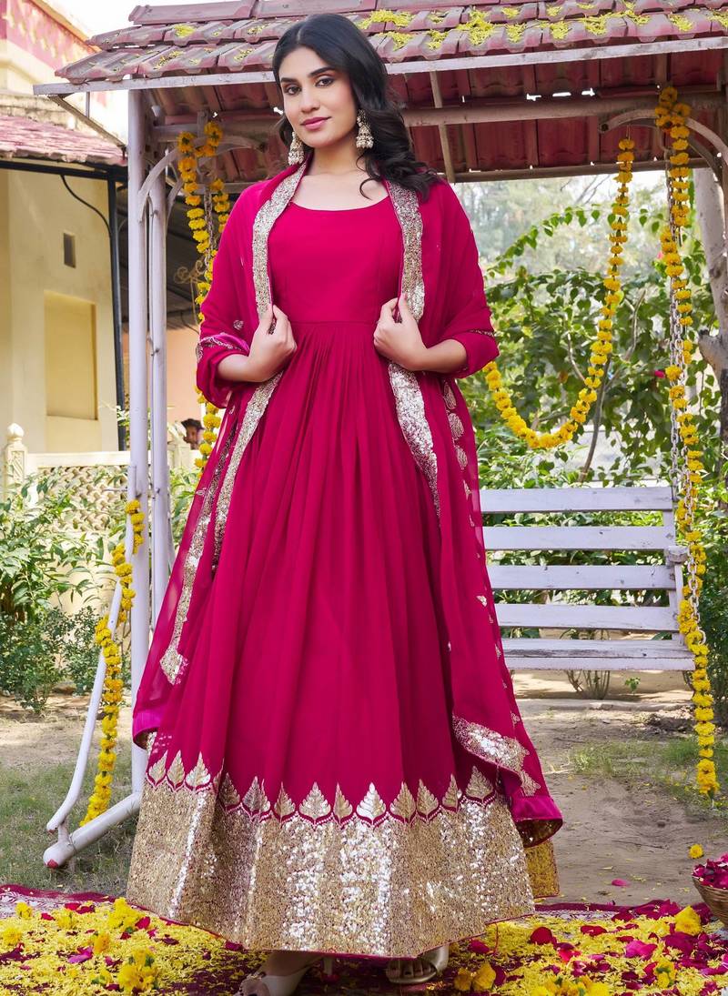 Pink georgette heavy 5mm sequence embroidery work  long gown & dupatta