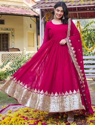 magenta georgette gown set with sequin embroidery work 2
