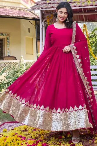 magenta georgette gown set with sequin embroidery work