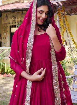 magenta georgette gown set with sequin embroidery work 3