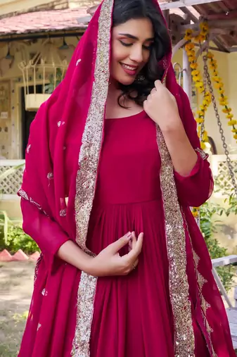 magenta georgette gown set with sequin embroidery work