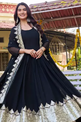 black georgette gown set with sequin embroidery work
