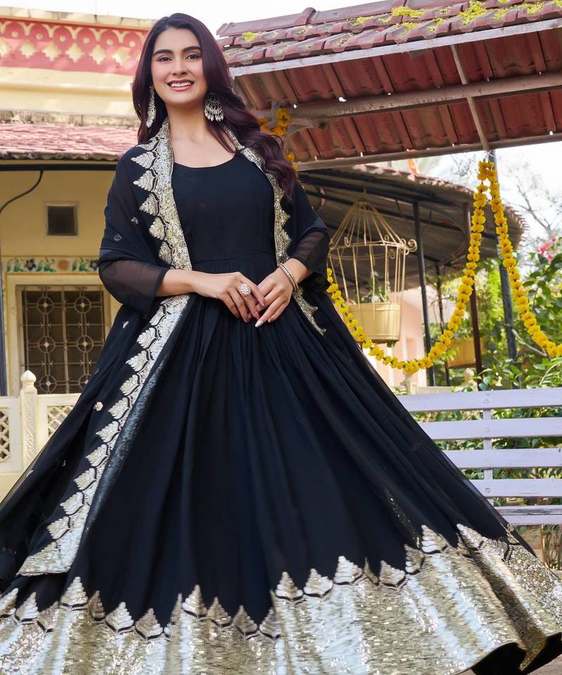 Black georgette heavy 5mm embroidery work  long gown & dupatta