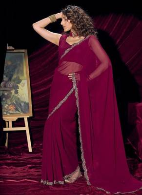 Wine pure georgette zircon handwork border saree 2