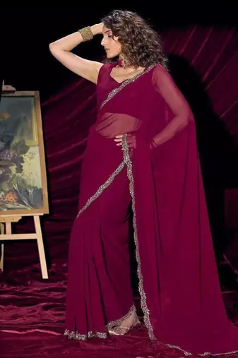 Wine pure georgette zircon handwork border saree