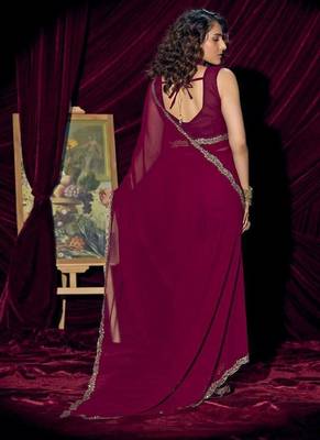 Wine pure georgette zircon handwork border saree 3