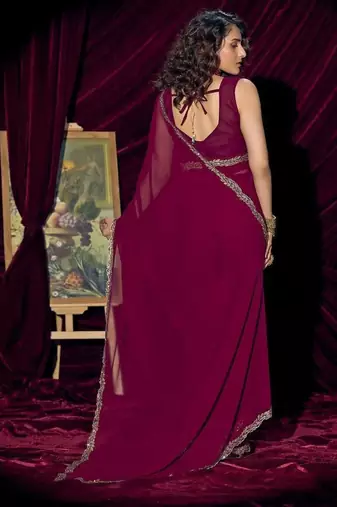 Wine pure georgette zircon handwork border saree