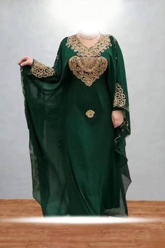 Emerald Green Georgette Embroidered Kaftan Dress