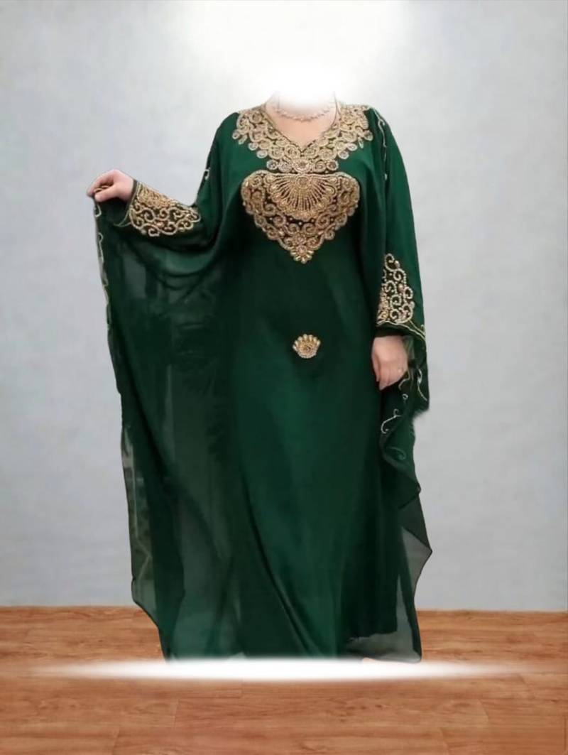 Emerald Green Georgette Embroidered Kaftan Dress