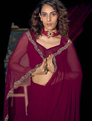 Wine pure georgette zircon handwork border saree 5
