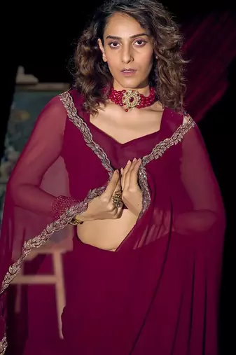 Wine pure georgette zircon handwork border saree