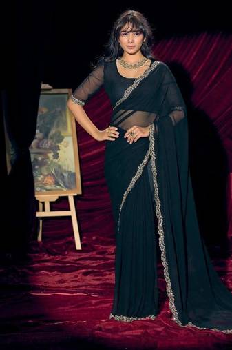 Morpeach color pure georgette zircon handwork border saree