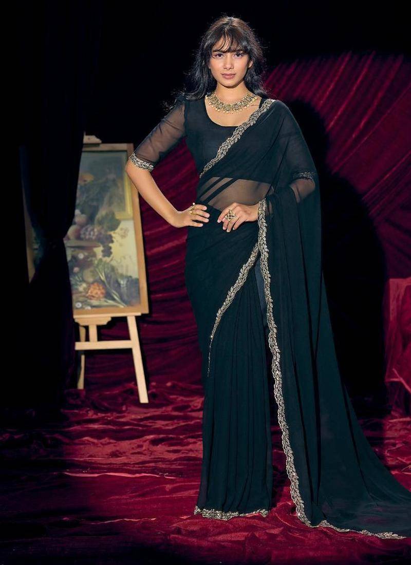 Morpeach color pure georgette zircon handwork border saree