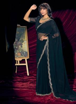 Morpeach color pure georgette zircon handwork border saree 2