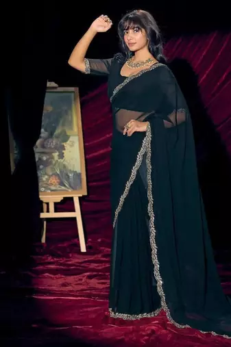 Morpeach color pure georgette zircon handwork border saree