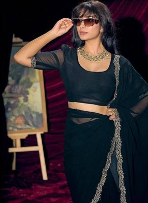 Morpeach color pure georgette zircon handwork border saree 5