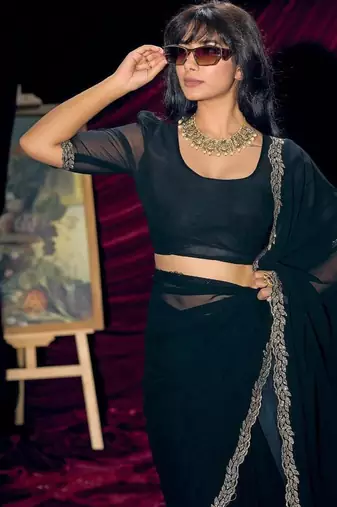 Morpeach color pure georgette zircon handwork border saree
