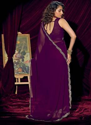 Purple color pure georgette zircon handwork border saree 2