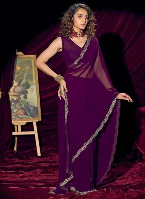 Purple color pure georgette zircon handwork border saree 3