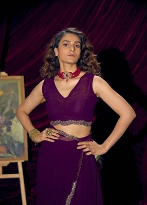 Purple color pure georgette zircon handwork border saree 4